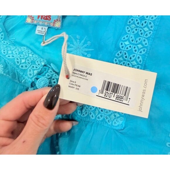 Johnny Was Size S Celestin Eris Blouse Embroidered Blue Relaxed Fit Boho NWT - Picture 6 of 7